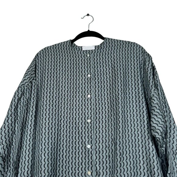 ASCENO 100% Silk Button Up Long Shirt Dress Long Sleeve Sz XS Agave Wave Printed - Picture 2 of 12